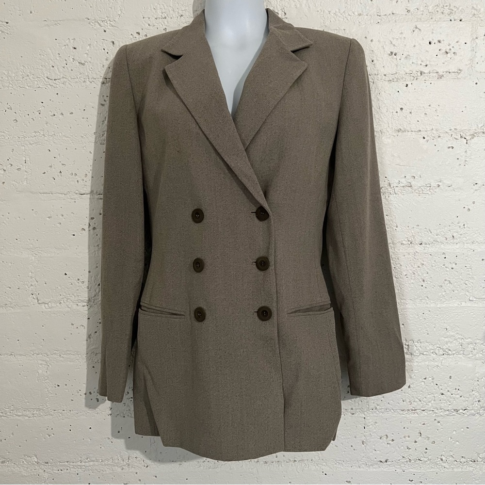 Linda Allard Ellen Tracy Womens Blazer Tan 2 Button Front Rayon Wool Blend AP11